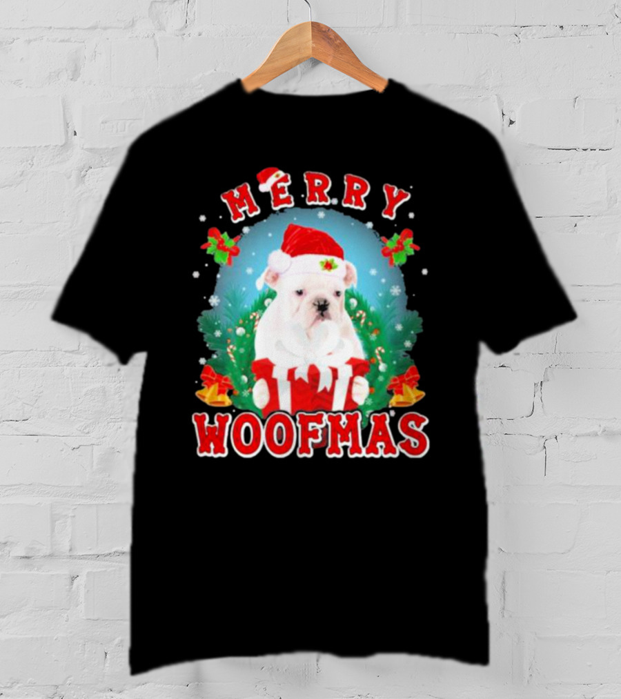 Bulldog In Santa Hat Merry Woofmas With Gifts And Bells T-Shirt