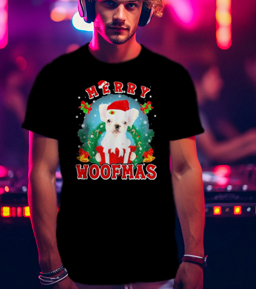 French Bulldog Merry Woofmas Holiday Joy Santa Hat Clematis Snow Christmas Wreath T-Shirt