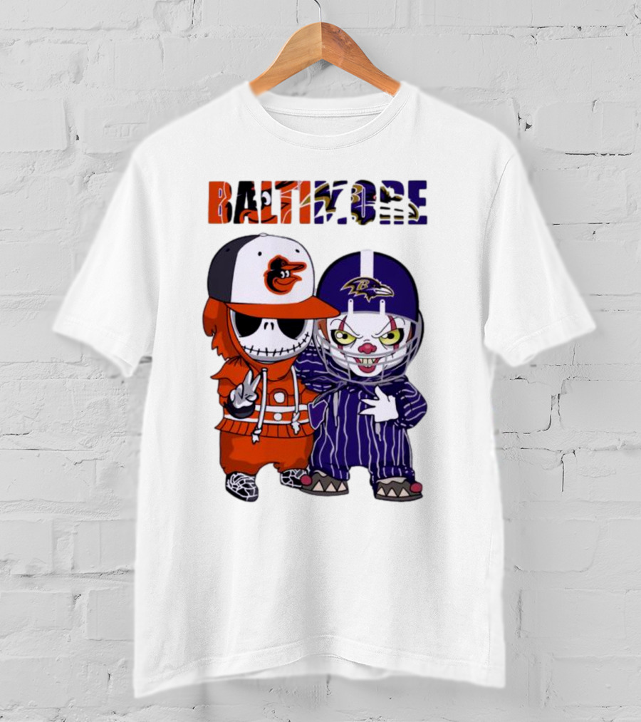 Baby Jack Skellington Pennywise Mashup Baltimore Orioles Ravens Halloween T-Shirt