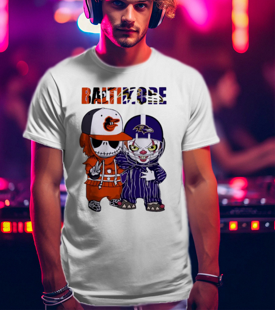 Baby Jack Skellington Pennywise Mashup Baltimore Orioles Ravens Halloween T-Shirt