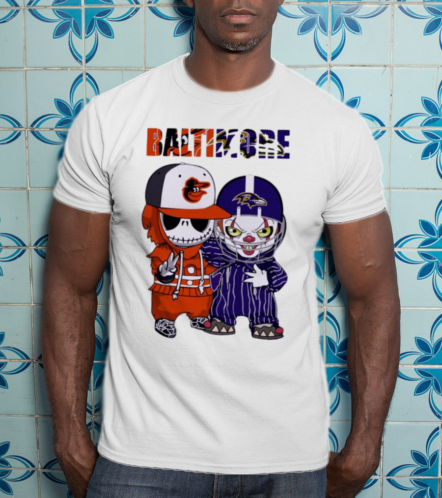 Baby Jack Skellington Pennywise Mashup Baltimore Orioles Ravens Halloween T-Shirt