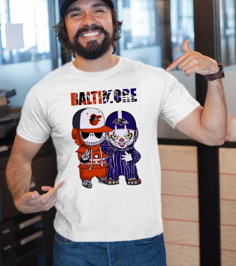 Baby Jack Skellington Pennywise Mashup Baltimore Orioles Ravens Halloween T-Shirt