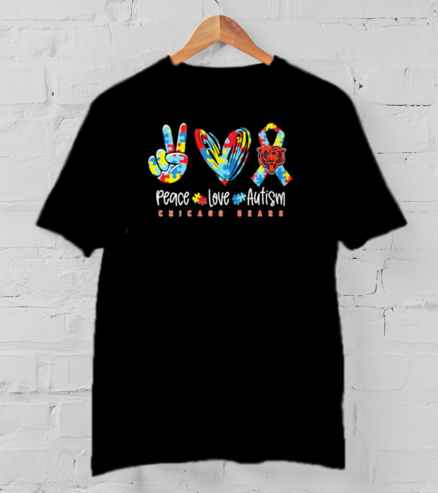 Peace Love Autism Chicago Bears NFL Support Puzzle T-Shirt