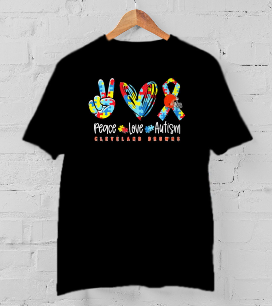 Peace Love Autism Cleveland Browns NFL Puzzle Ribbon Football T-Shirt