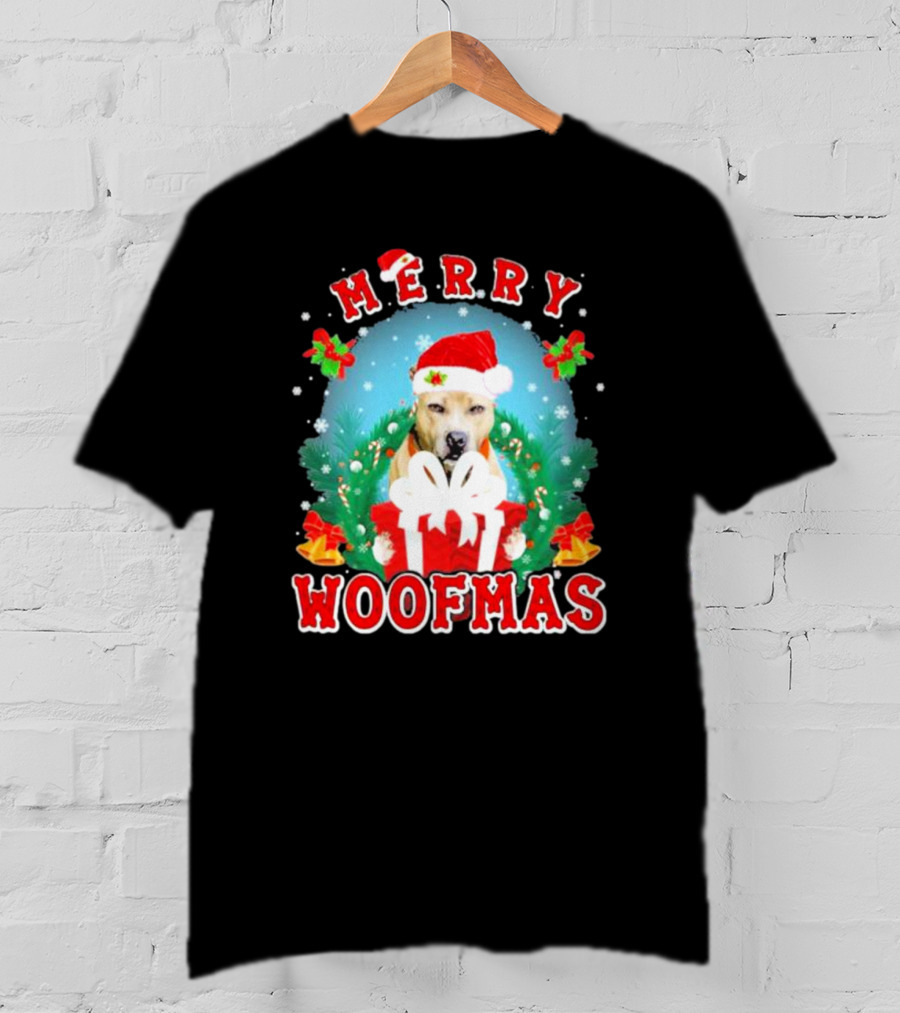 Pitbull Merry Woofmas Santa Hat And Holiday Gift Box T-Shirt