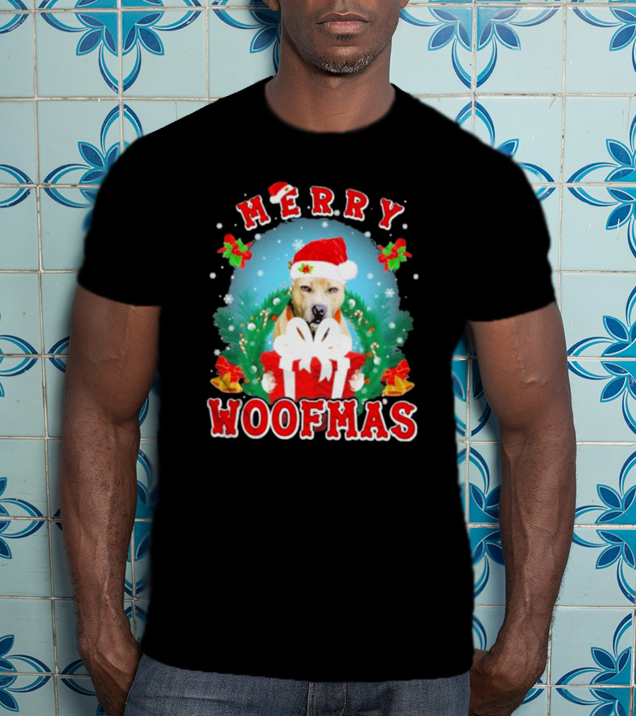 Pitbull Merry Woofmas Santa Hat And Holiday Gift Box T-Shirt