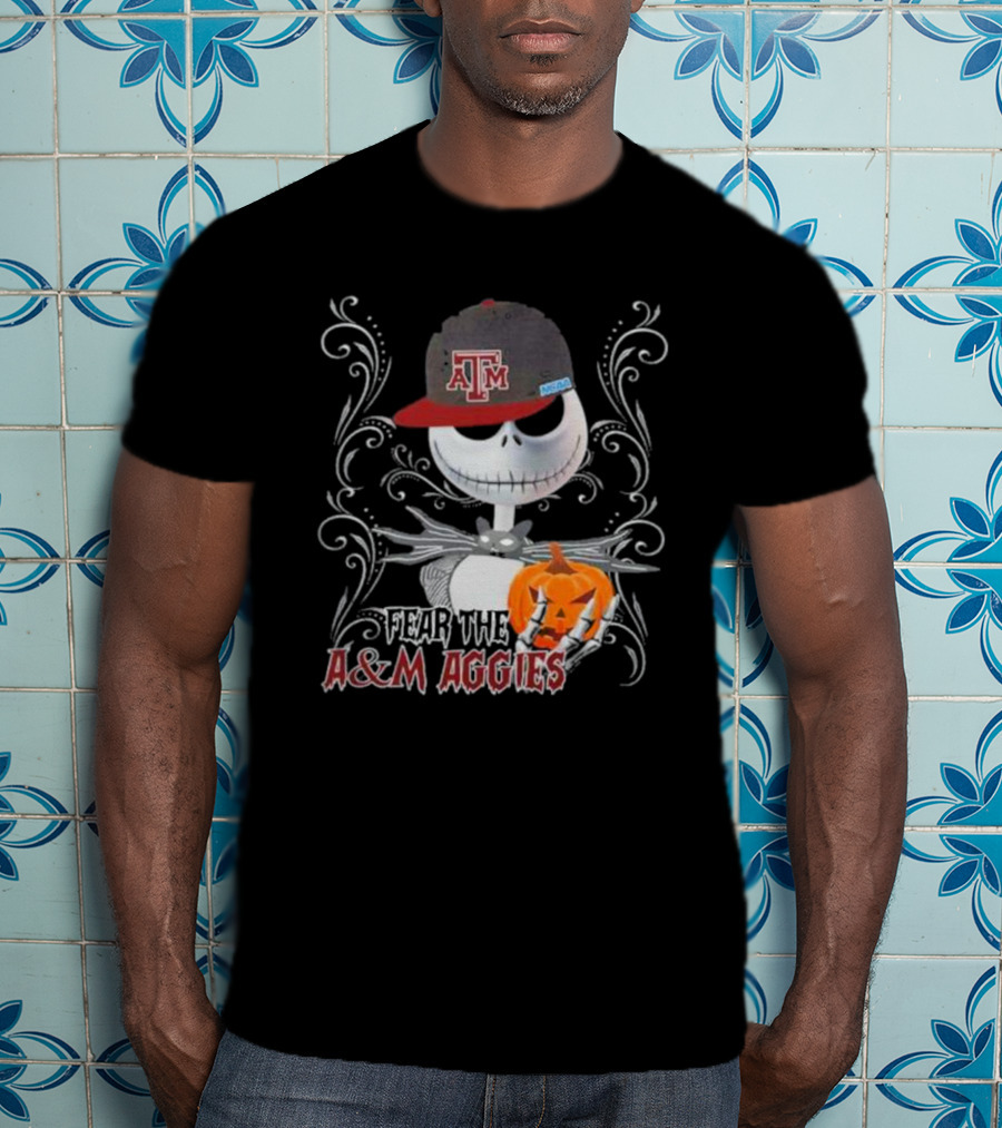 Jack Skellington Wearing Texas A&M Hat Holding Pumpkin With Fear The A&M Aggies Halloween T-Shirt