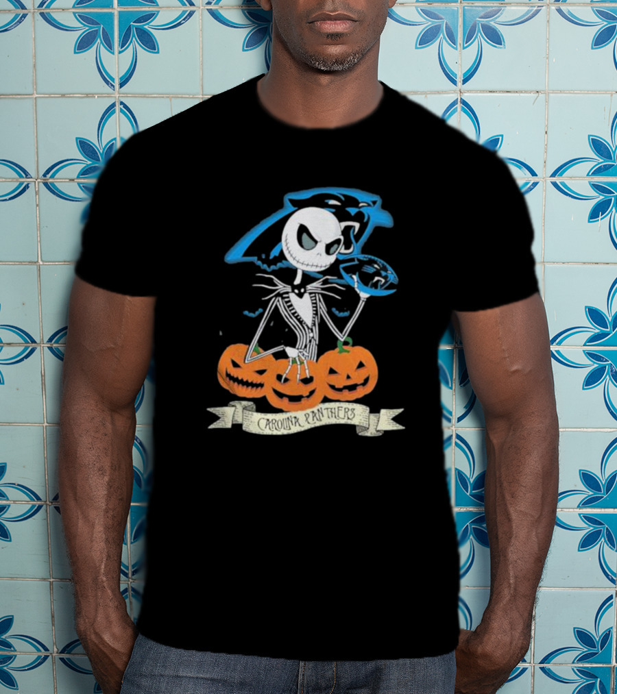 NFL Carolina Panthers Jack Skellington Halloween Football Pumpkins T-Shirt