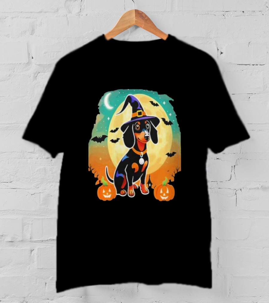 Dachshund Dog Witch Hat Moon Bats Pumpkins T-Shirt