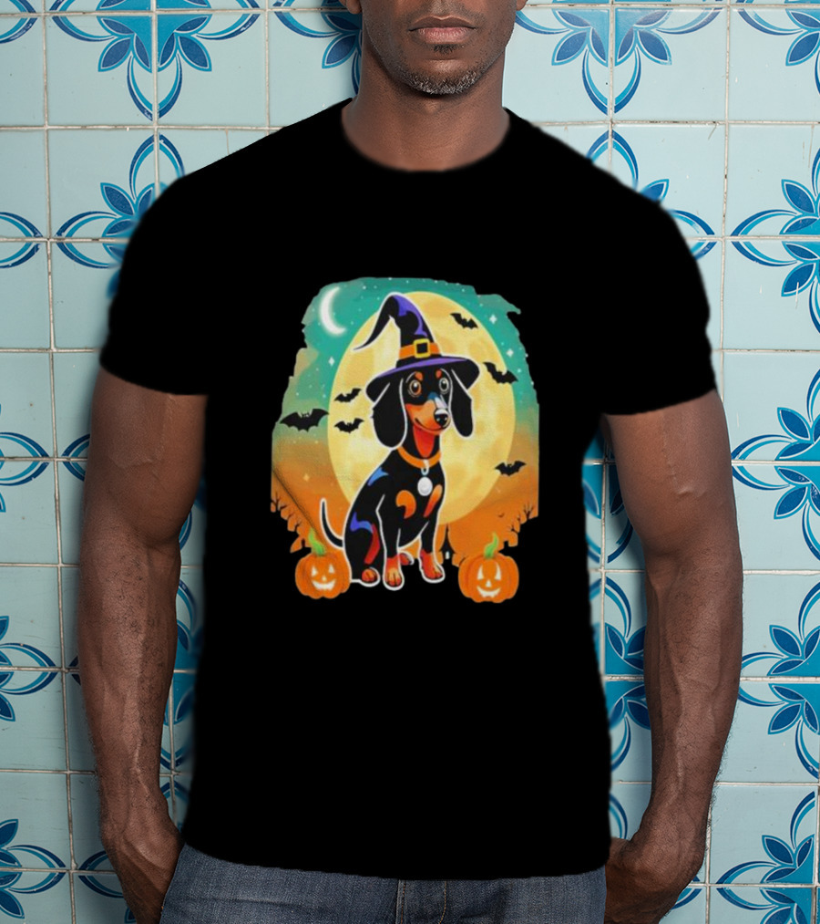 Dachshund Dog Witch Hat Moon Bats Pumpkins T-Shirt