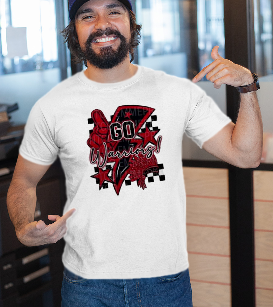 Go Warriors Football Sublimation With Foam Finger And Red Headdress T-Shirt