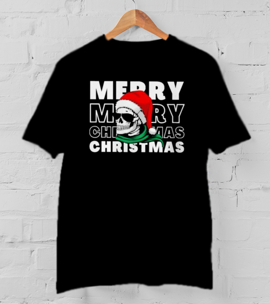 Merry Christmas Skull Santa Hat And Sunglasses T-Shirt