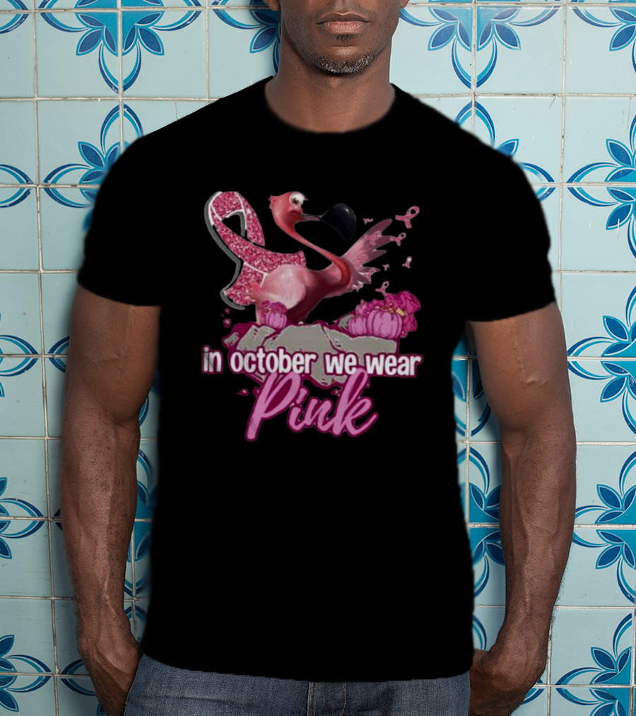 In October We Wear Pink Flamingo Breast Cancer Awareness Halloween T-Shirt