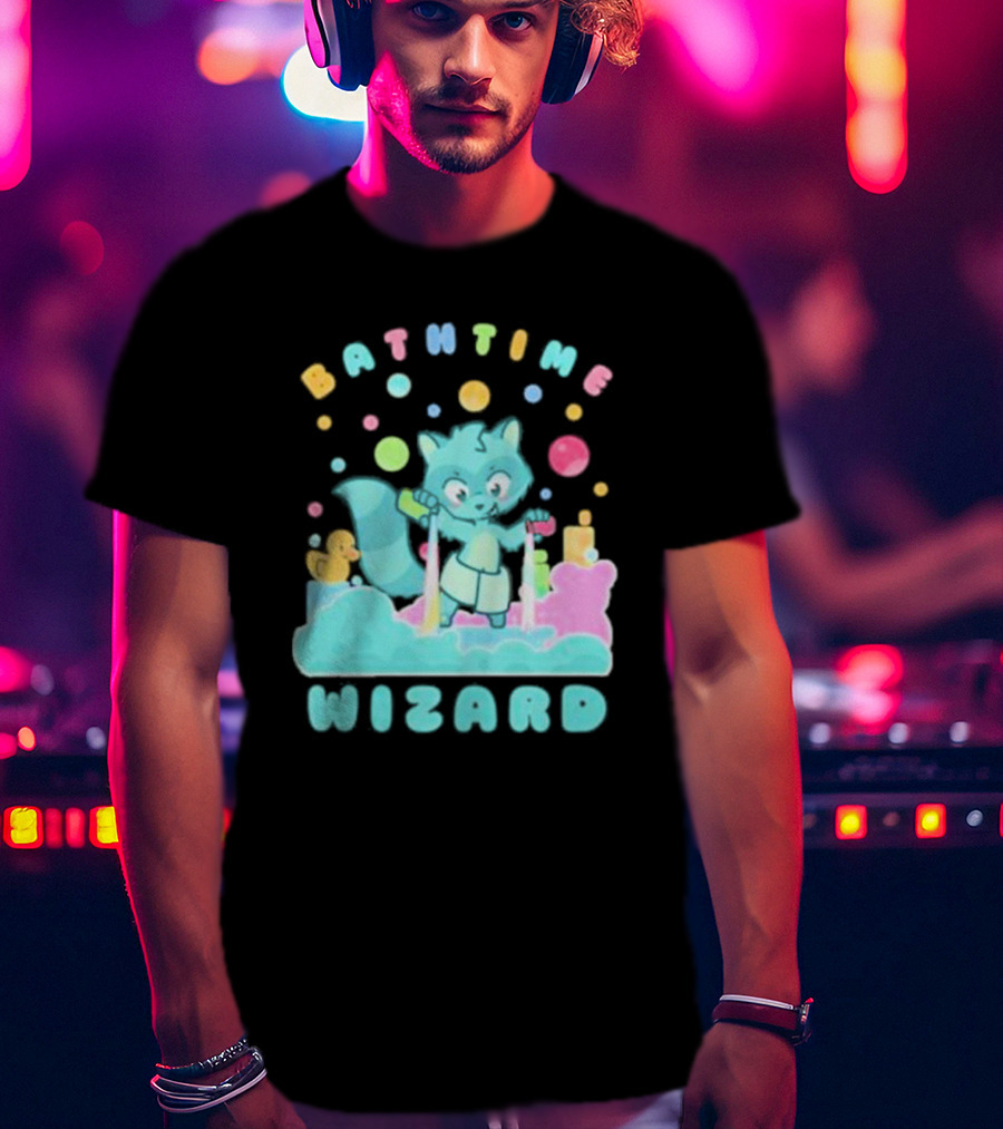 Bathtime Wizard Colorful Bubbles With Raccoon And Rubber Duck T-Shirt