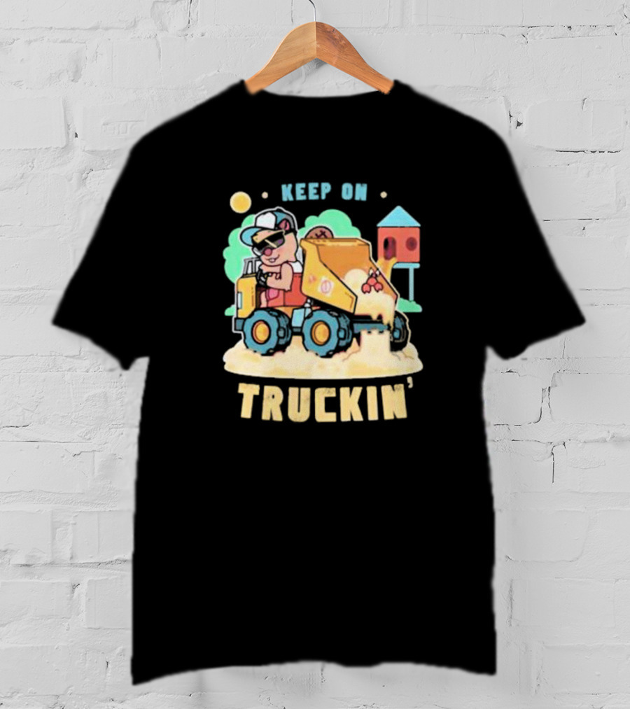 Keep On Truckin’ Cartoon Dog Driving Dump Truck With Doghouse And Sun T-Shirt