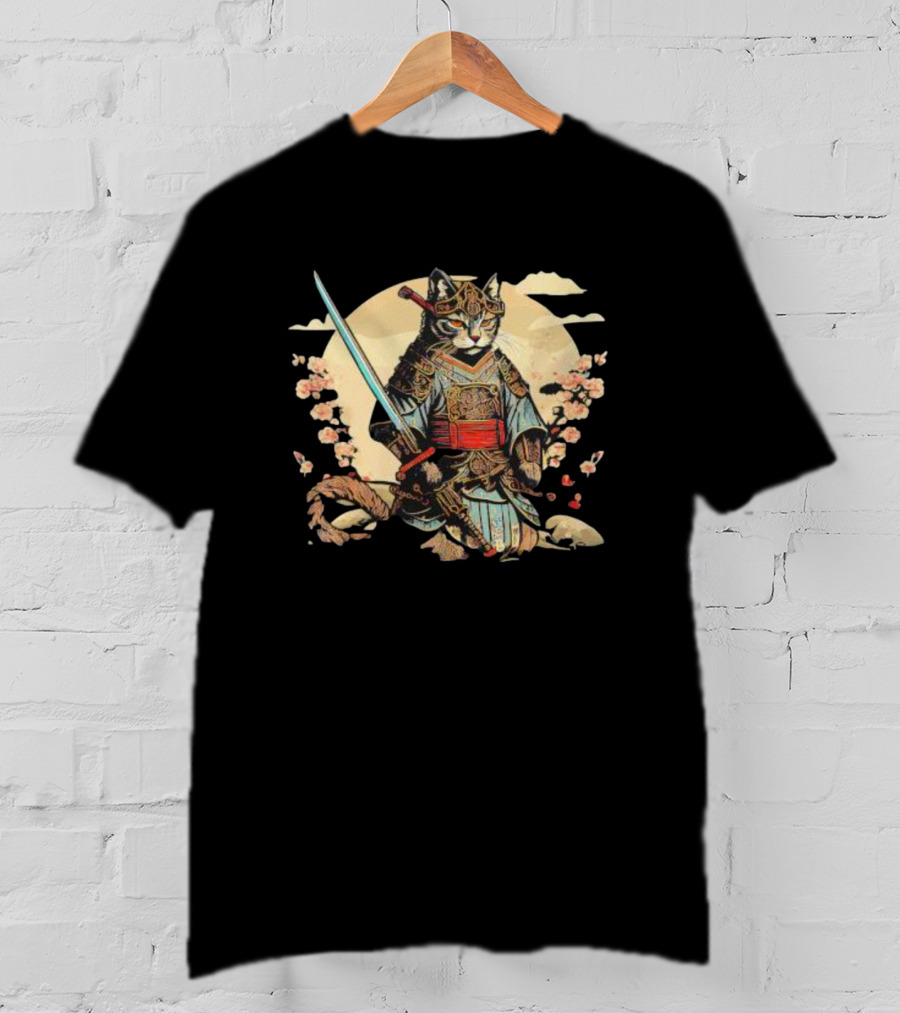 Samurai Cat Japanese Ninja Warrior Cherry Blossom Moon Warrior T-Shirt