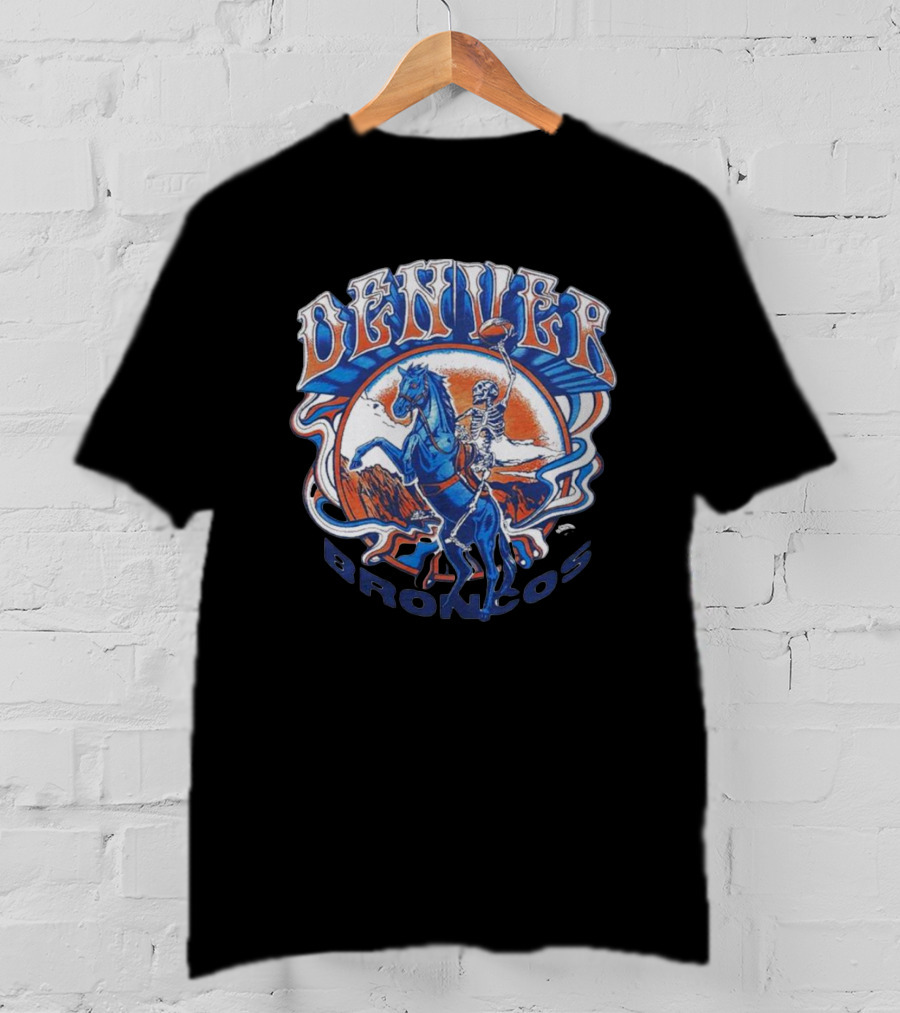 Nfl X Grateful Dead X Denver Broncos Skeleton Riding Horse Football T-Shirt