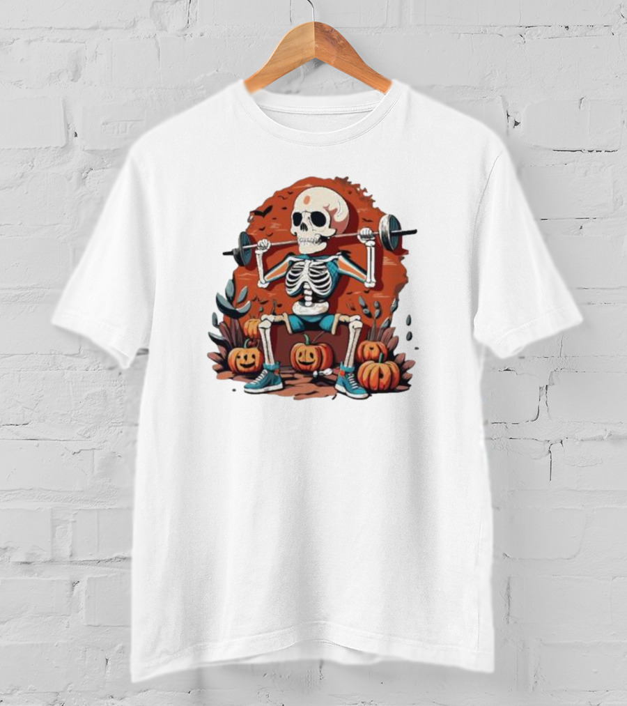 Skeleton Lifting Weights With Pumpkins Halloween Fitness T-Shirt
