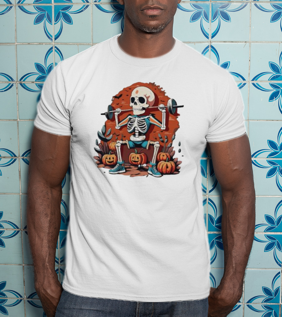 Skeleton Lifting Weights With Pumpkins Halloween Fitness T-Shirt