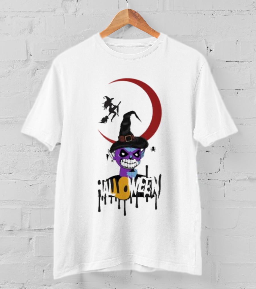 Witch Horror Halloween Blood Moon With Witch Hat And Skull T-Shirt