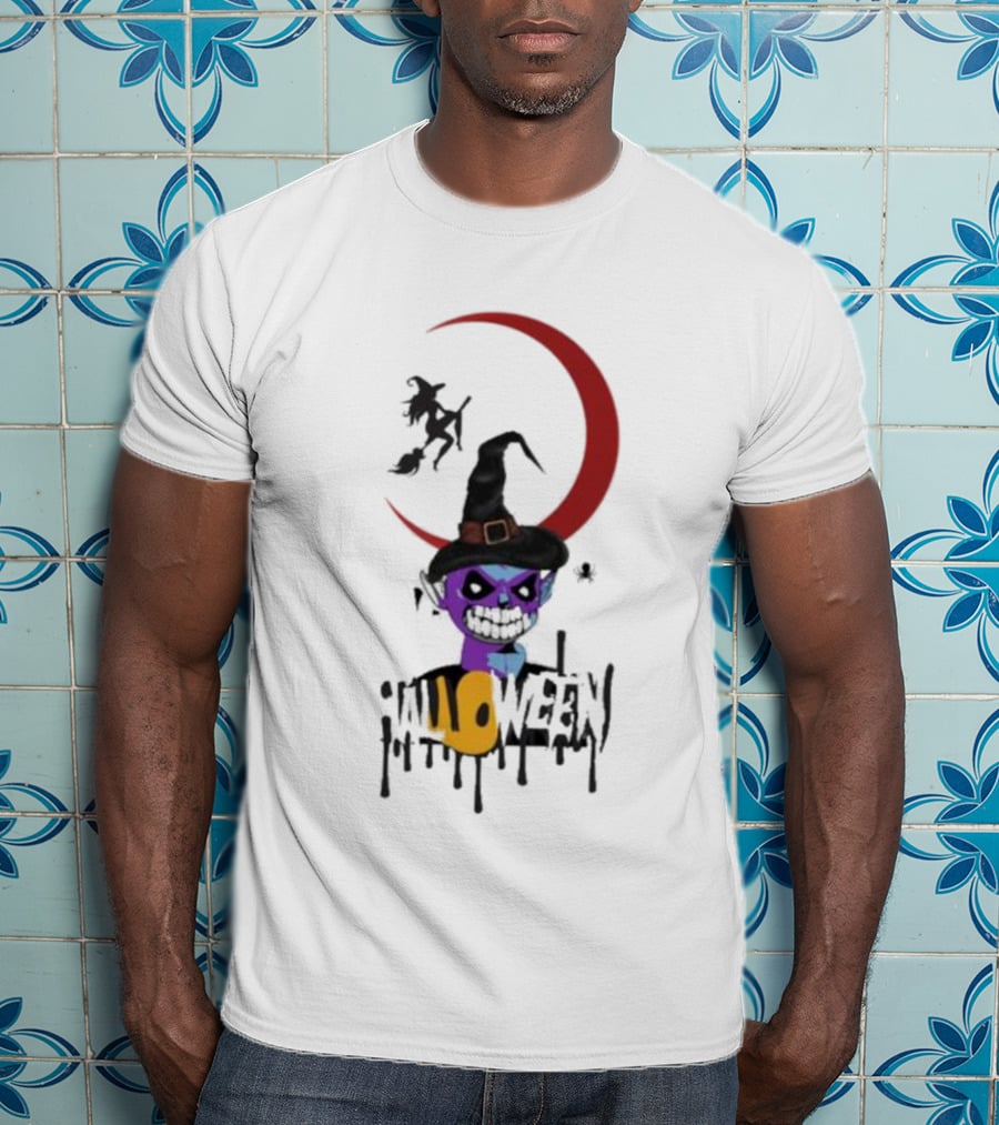 Witch Horror Halloween Blood Moon With Witch Hat And Skull T-Shirt