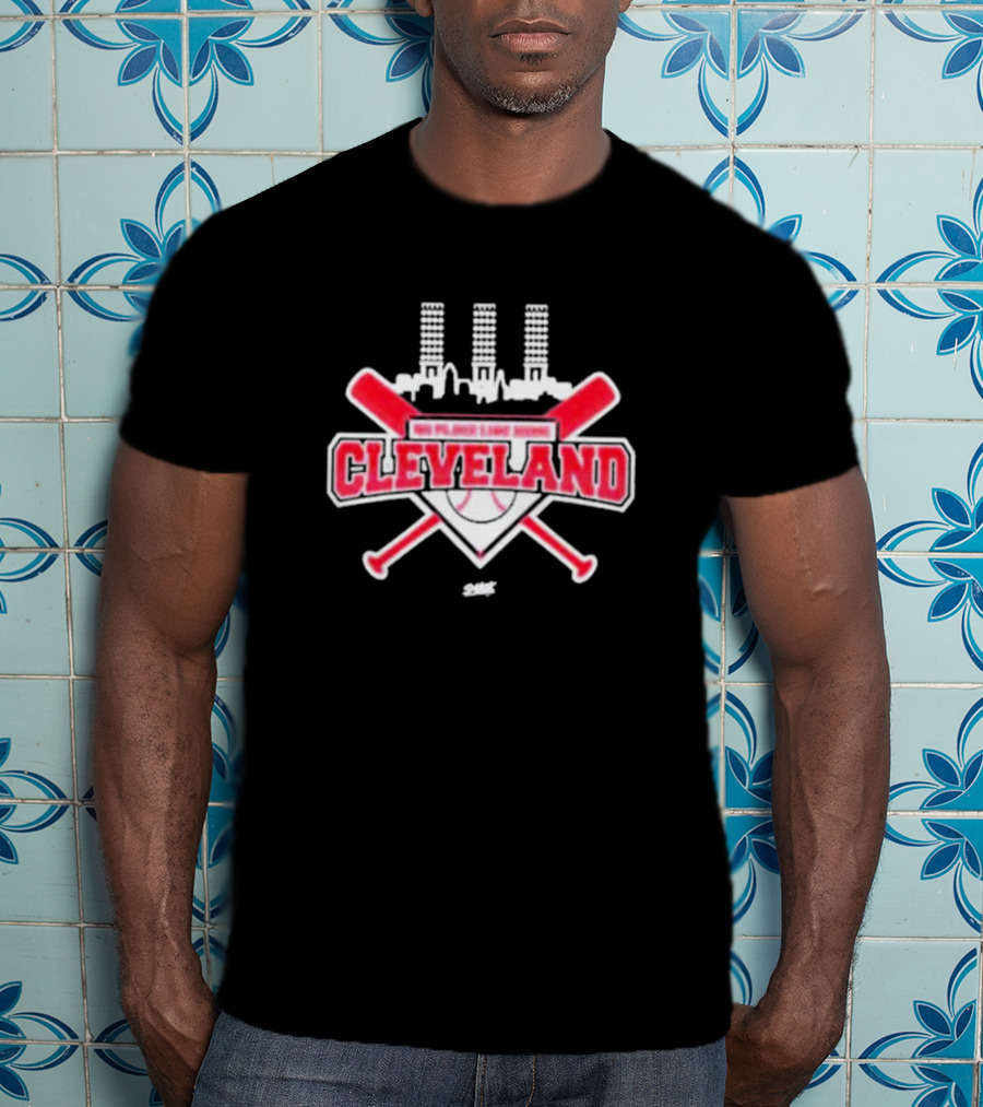 No Place Like Home Cleveland Baseball Fans Unlicensed Baseball Gear City Skyline Crossed Bats T-Shirt