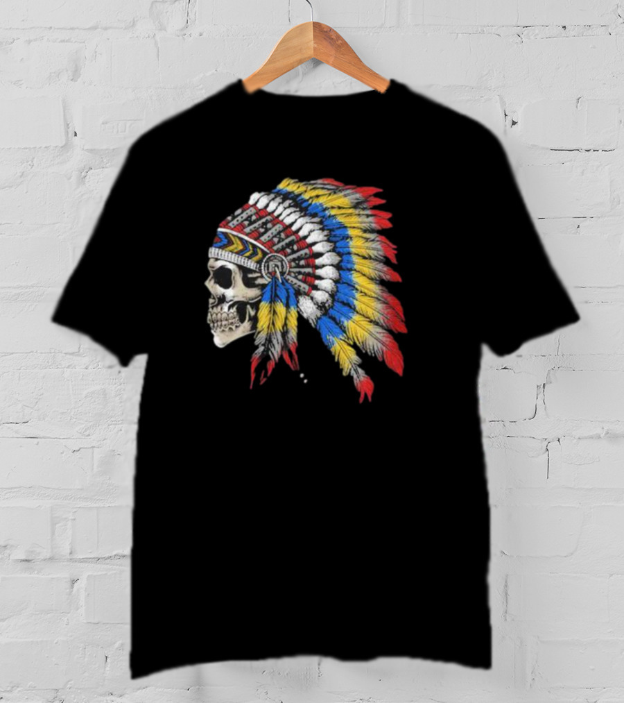 Skull War Chief Colorful Feather Headdress T-Shirt