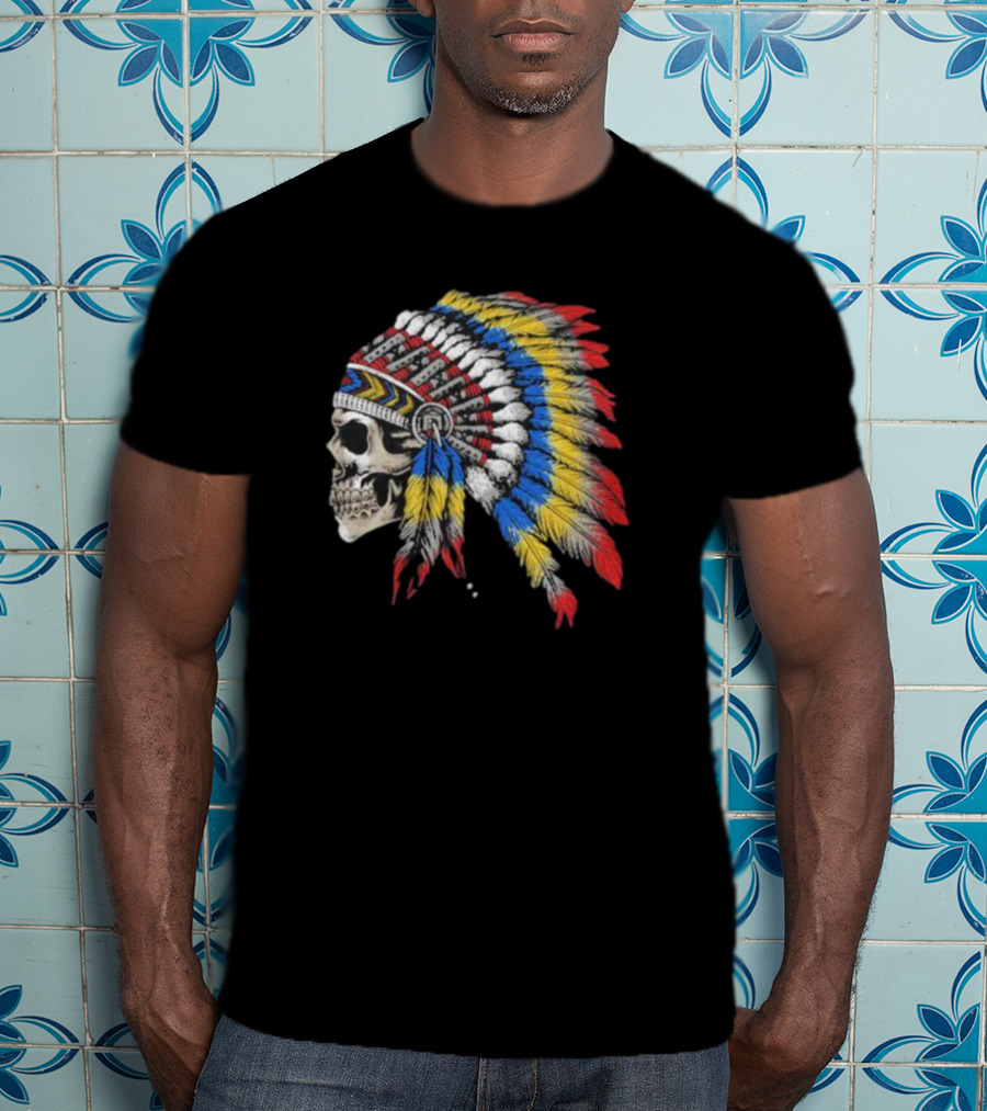 Skull War Chief Colorful Feather Headdress T-Shirt
