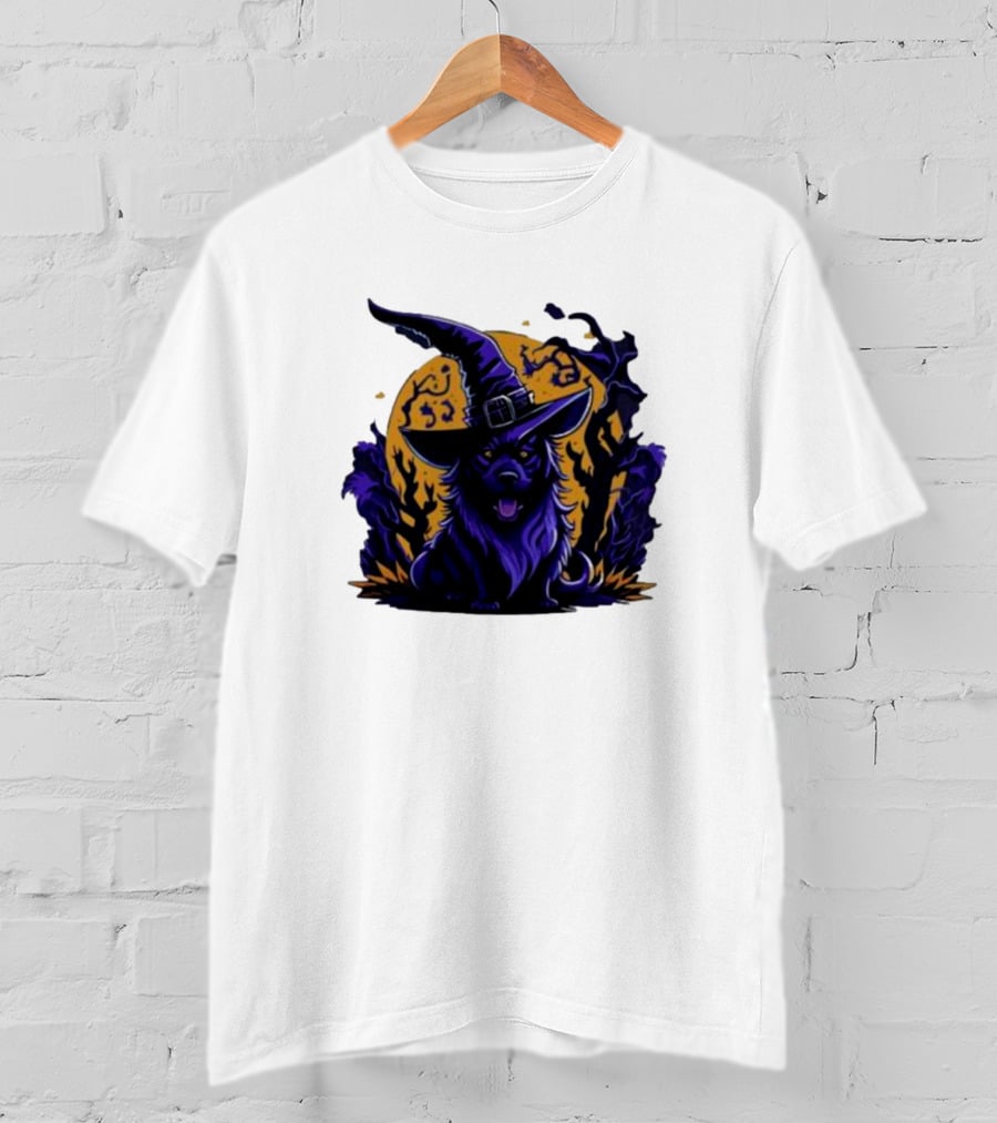 Halloween Witch Dog In Spooky Forest Horror Scene T-Shirt