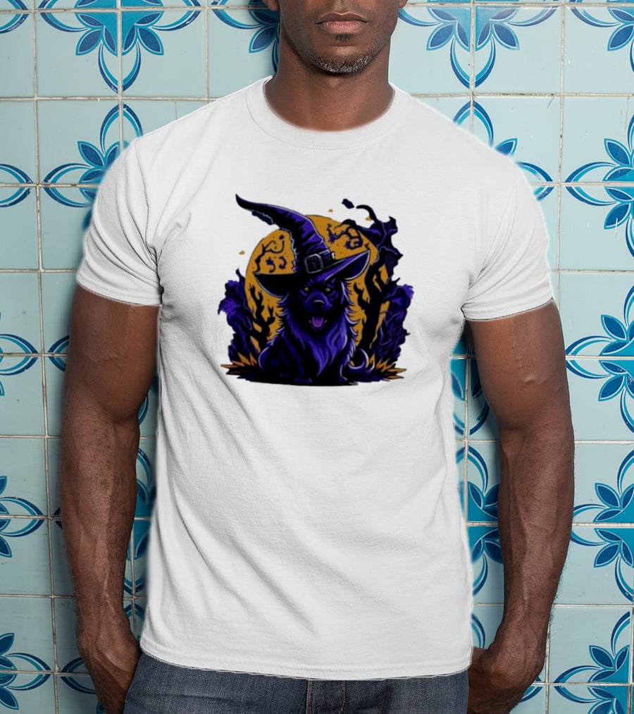Halloween Witch Dog In Spooky Forest Horror Scene T-Shirt
