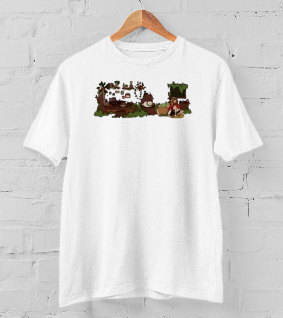 Woodlands Snifferish X Pop Cozy Cottage Scene With Greenery And Logs T-Shirt