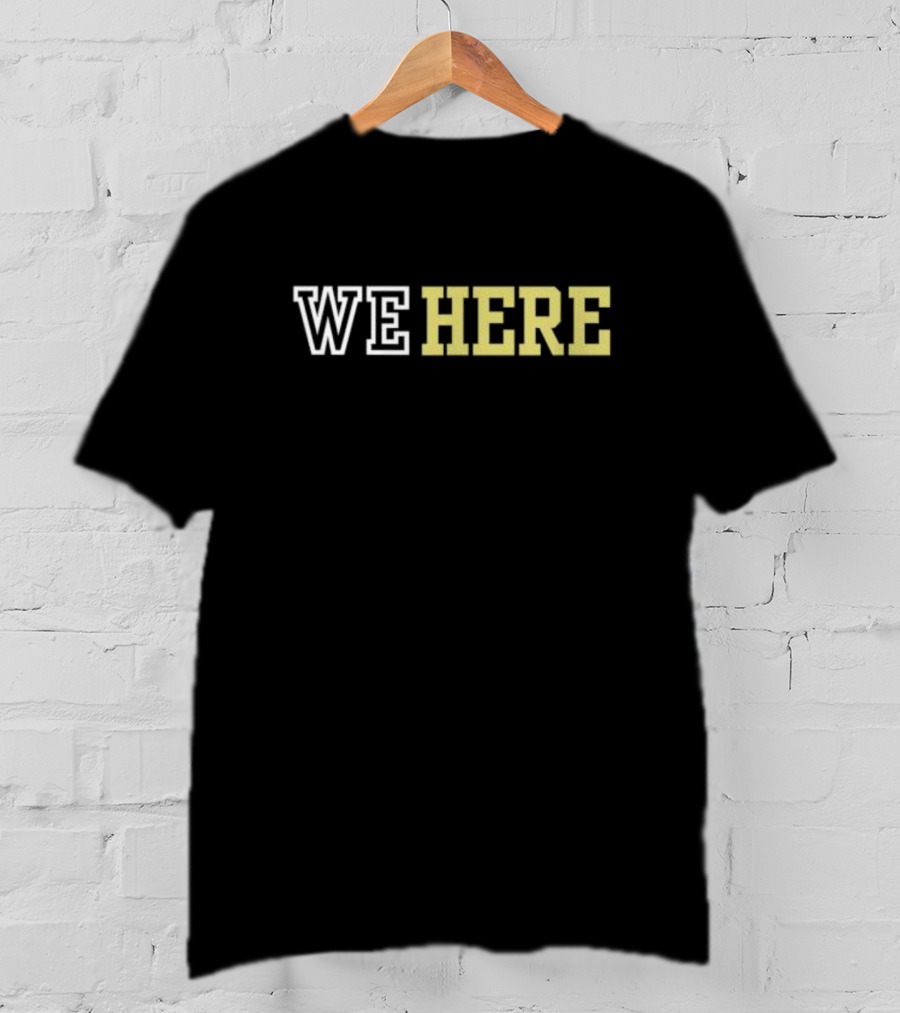WE HERE Bold Varsity Lettering Text T-Shirt