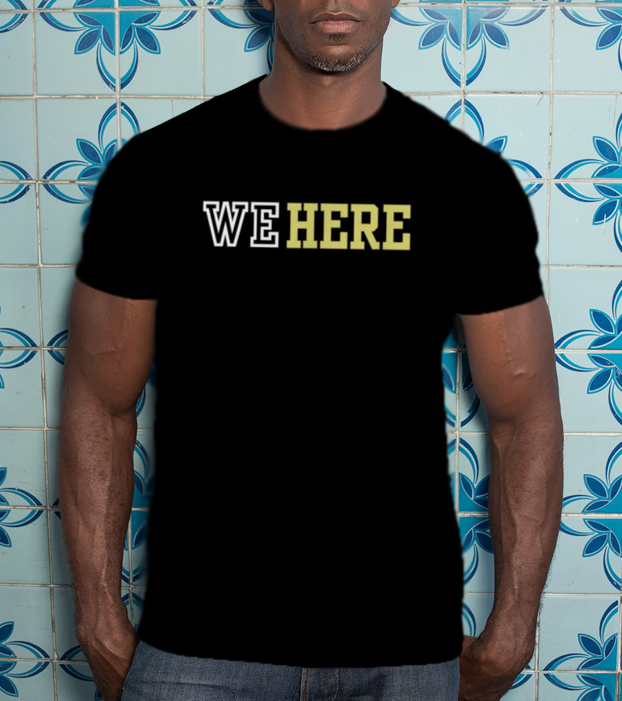 WE HERE Bold Varsity Lettering Text T-Shirt