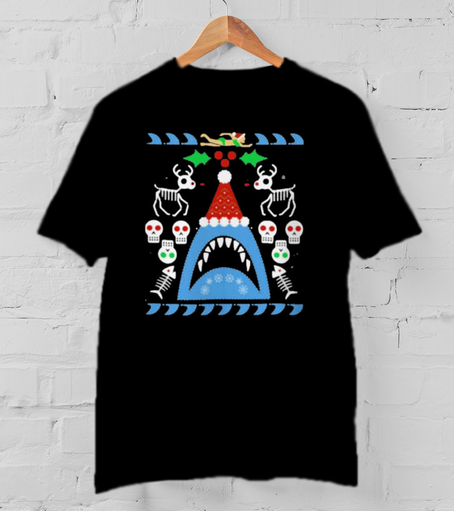 Santa Jaws Ugly Christmas Sweater With Shark, Skeleton Reindeer, And Skulls T-Shirt