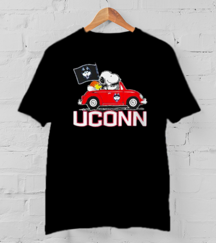UCONN Huskies Snoopy And Woodstock Driving Red Car With Flag T-Shirt
