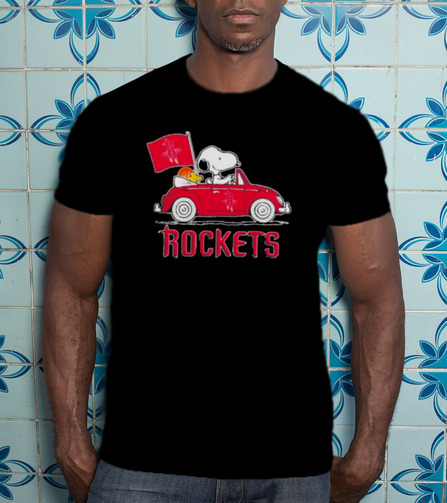Houston Rockets Snoopy Dog Driving Red Car With Basketball Flag T-Shirt