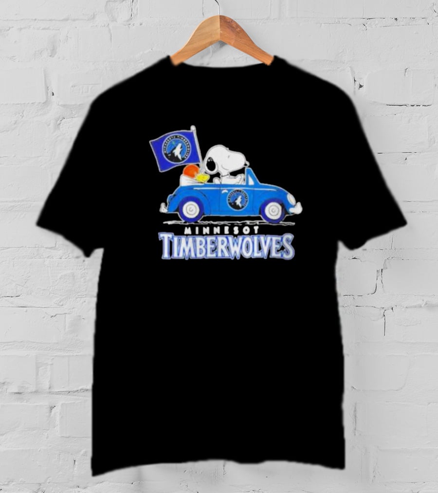 Minnesota Timberwolves Snoopy Dog Driving Blue Car Holding Basketball Flag T-Shirt