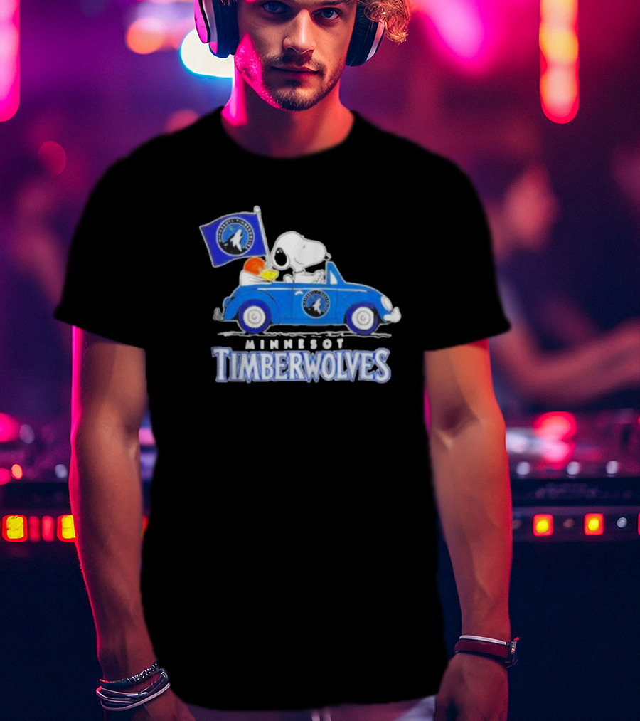 Minnesota Timberwolves Snoopy Dog Driving Blue Car Holding Basketball Flag T-Shirt