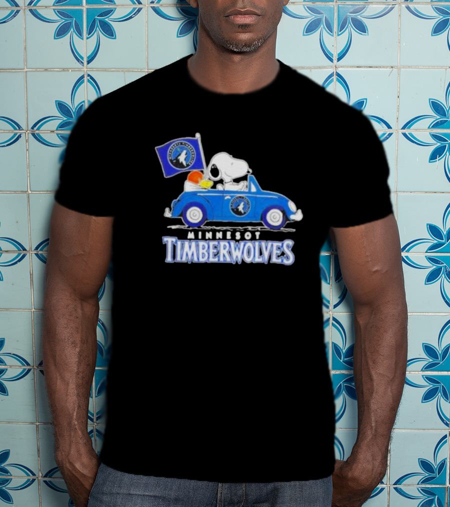 Minnesota Timberwolves Snoopy Dog Driving Blue Car Holding Basketball Flag T-Shirt