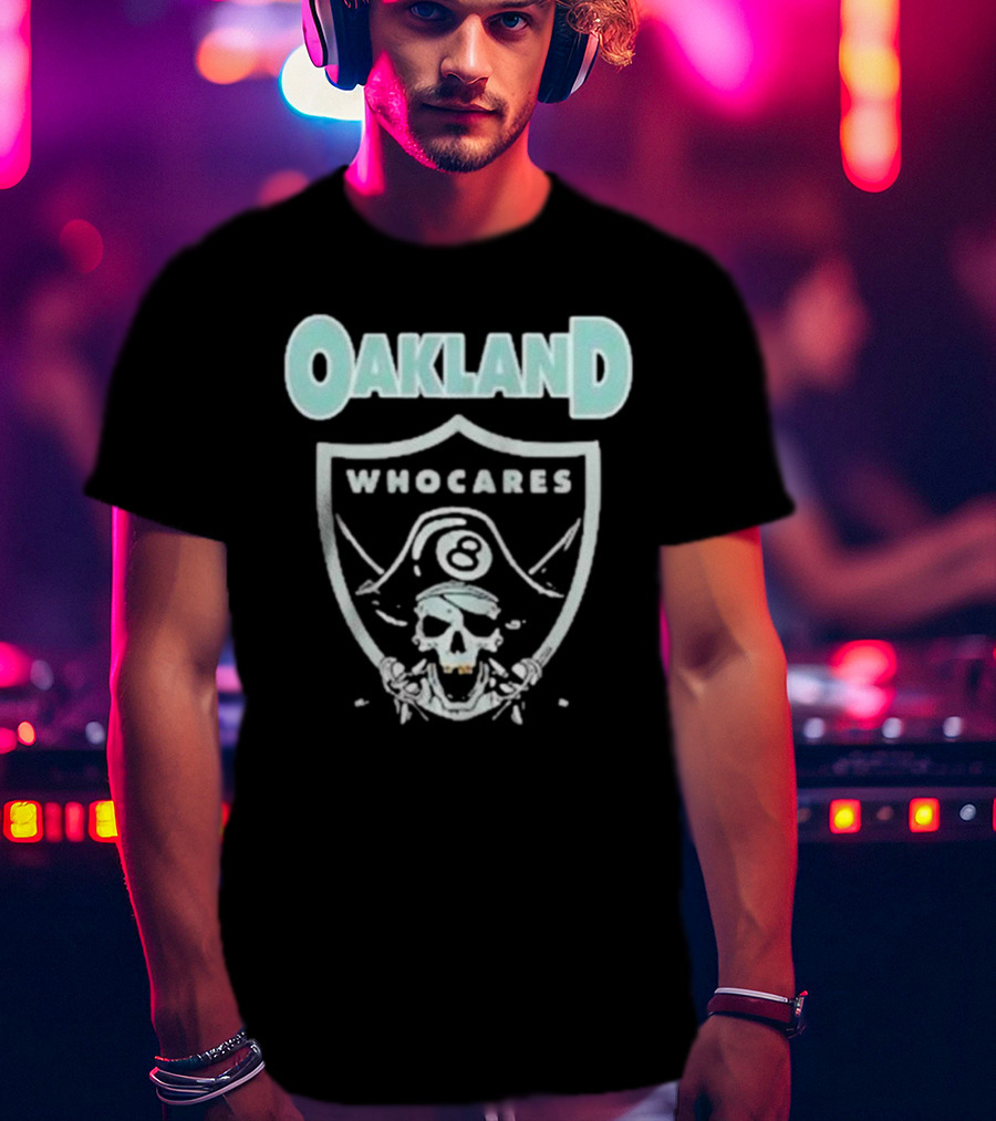 Oakland Who Cares 8 Pirate Skull Shield T-Shirt
