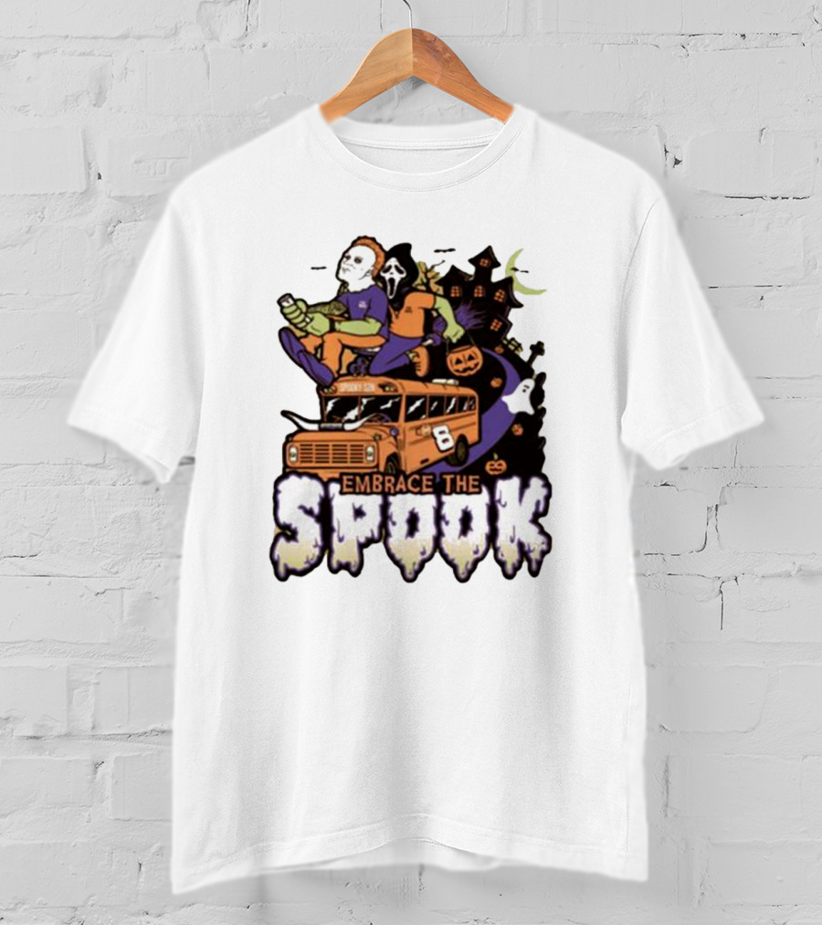 Embrace The Spook Bus With Horror Characters And Haunted House T-Shirt