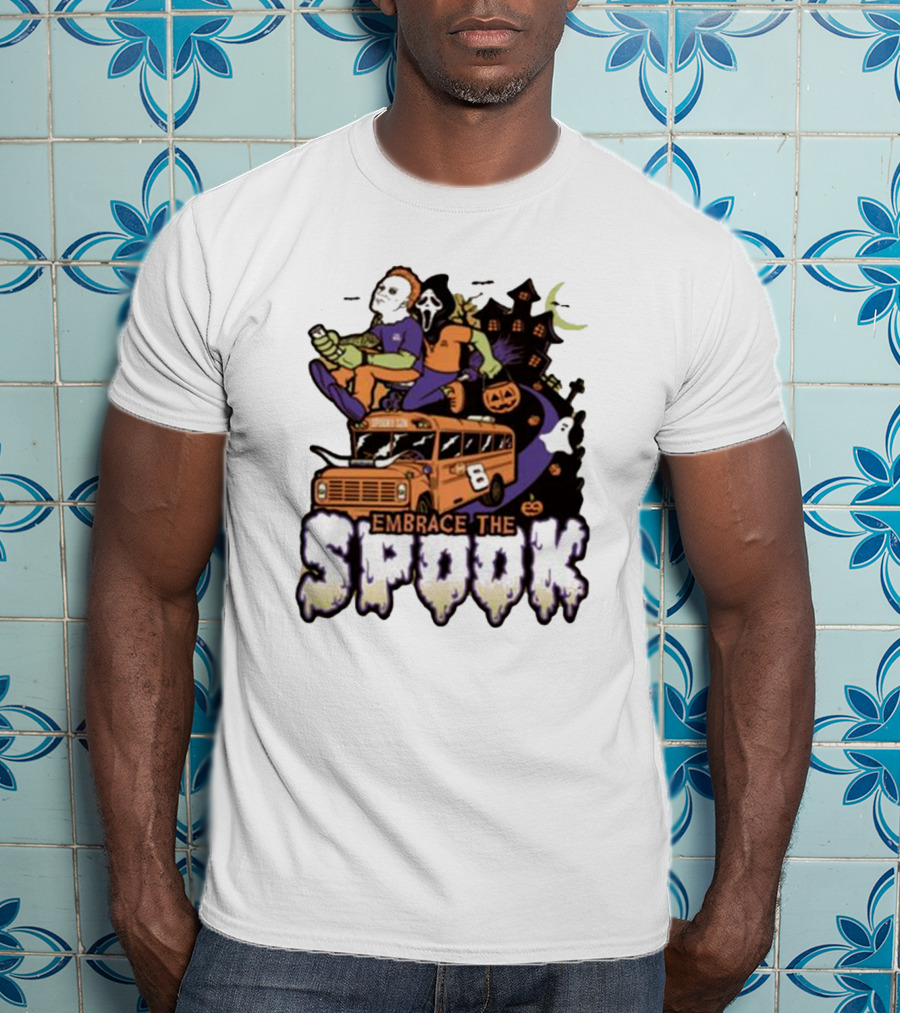 Embrace The Spook Bus With Horror Characters And Haunted House T-Shirt