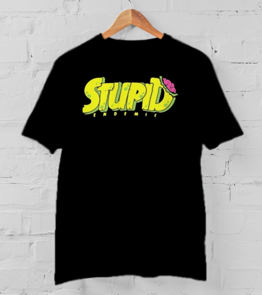STUPID ENDEMIC Green Text With Brain Motif T-Shirt