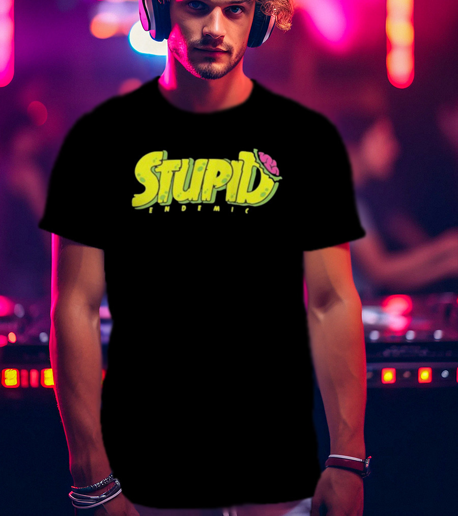 STUPID ENDEMIC Green Text With Brain Motif T-Shirt