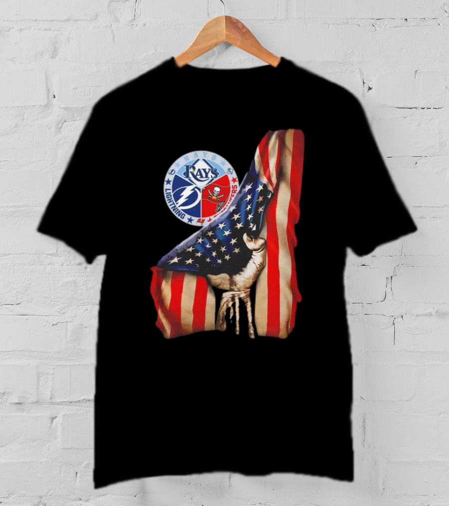 Tampa Bay Rays Lightning Buccaneers American Flag Fist T-Shirt
