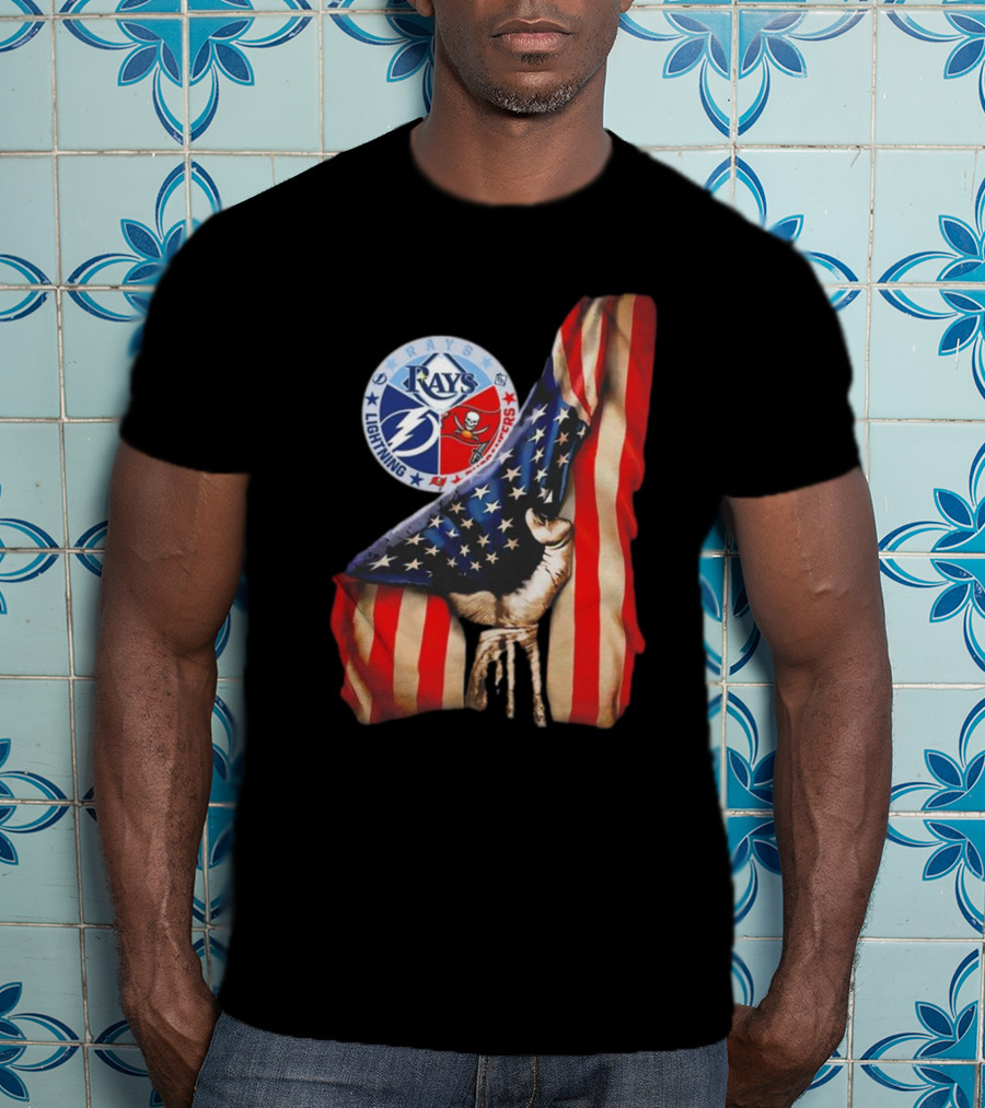Tampa Bay Rays Lightning Buccaneers American Flag Fist T-Shirt