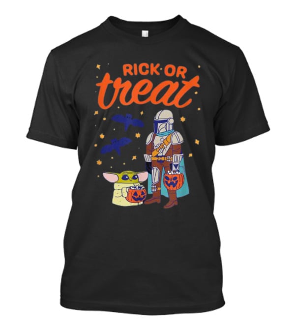 Rick Or Treat The Mandalorian And Grogu Halloween Pumpkin Buckets With Bats And Stars T-Shirt