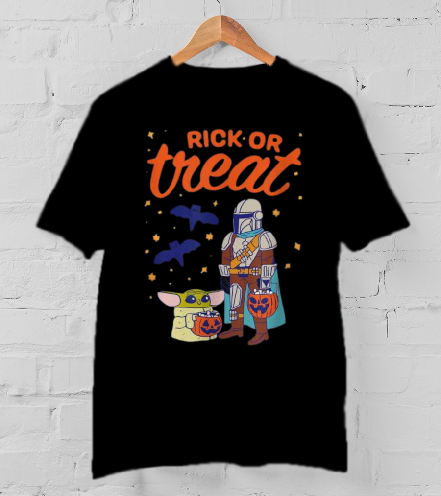Rick Or Treat The Mandalorian And Grogu Halloween Pumpkin Buckets With Bats And Stars T-Shirt