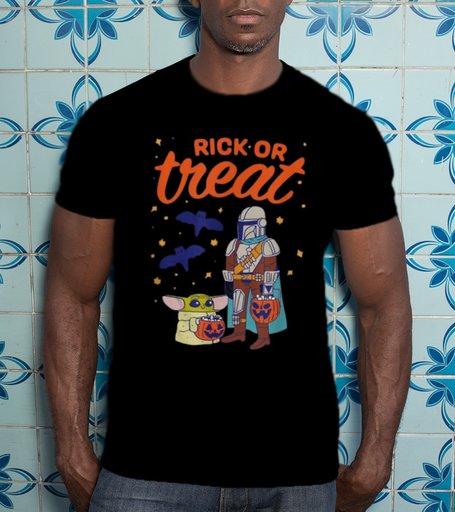 Rick Or Treat The Mandalorian And Grogu Halloween Pumpkin Buckets With Bats And Stars T-Shirt
