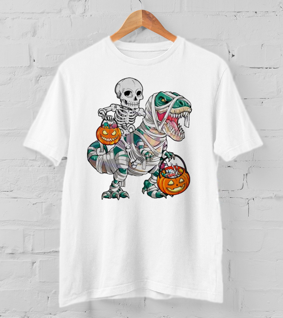 Spooky Saurus Rex Skeleton With Halloween Pumpkin Duo T-Shirt